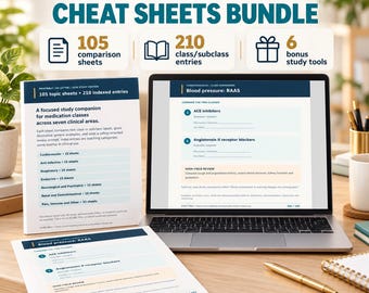 Paquete de hojas de estudio de farmacología / 105 hojas de estudio imprimibles sobre clases de medicamentos / PDF de repaso para la escuela de enfermería y el NCLEX / 6 herramientas de estudio adicionales