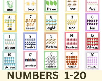 Cartes flash de 1 à 20 numéros, cartes flash de comptage pour enfants d'âge préscolaire, cartes numériques imprimables de 1 à 20 numéros, cartes flash Montessori, compter et clip, PDF, PNG
