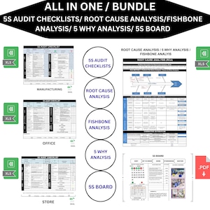 All in One 5S & 5 WARUM, 5S Prüfungschecklisten Fertigung /Büro/ 5S Brett / Wurzelcause-Methode / Fischgrätenanalytik / Bearbeitbares Excel / PDF
