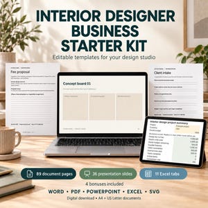 Interior Designer Business Starter Kit, Editable Contract Forms, Client Proposal PowerPoint, FF&E Schedule, Excel Pricing Templates