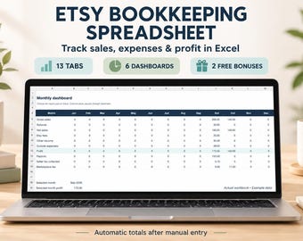 Hoja de cálculo de contabilidad de Etsy en Excel, seguimiento de ventas y gastos, panel de control de ganancias, seguimiento de impuestos y pagos.