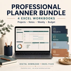 May include: A professional planner bundle featuring four Excel workbooks for projects, notes, weekly tasks, and budget. The image displays a laptop screen showing a spreadsheet interface, alongside four labeled tabbed folders in navy, teal, blue, and tan.