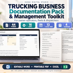May include: A digital trucking business documentation pack and management toolkit featuring a laptop displaying a dashboard, alongside printed dispatch instructions and an operations manual. Includes 44 forms, 16 SOPs, 13 Excel tabs, and 4 bonuses in Word, PDF, and Excel formats.