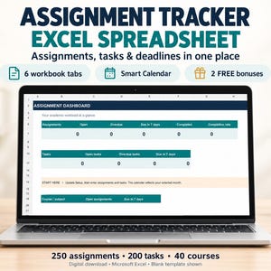 Assignment Tracker Excel Spreadsheet, Student Planner with Smart Calendar, To Do List and Grade Planner