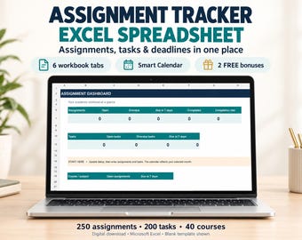 Hoja de cálculo de Excel para el seguimiento de tareas, planificador estudiantil con calendario inteligente, lista de tareas pendientes y planificador de calificaciones.