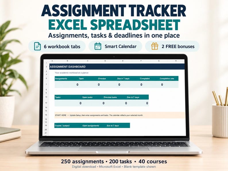Op de afbeelding: Een Excel-spreadsheet voor het bijhouden van opdrachten op een laptopscherm. Het dashboard bevat secties voor opdrachten, taken en deadlines. De tekst bevat "ASSIGNMENT TRACKER EXCEL SPREADSHEET", "6 workbook tabs", "Smart Calendar" en "2 FREE bonuses."