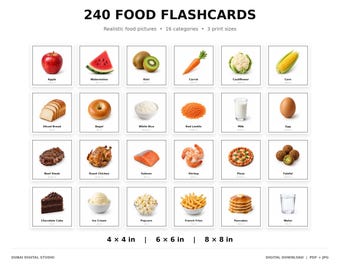 240 tarjetas didácticas de comida imprimibles, imágenes realistas de alimentos, 3 tamaños, PDF y JPG, vocabulario preescolar y tarjetas de aprendizaje para el aula.