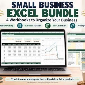 Puede incluir: Un paquete de Excel para pequeñas empresas con cuatro libros de trabajo para contabilidad, seguimiento de negocios, calendario de facturas y calculadora de precios. La pantalla muestra un panel mensual y una interfaz de cálculo.