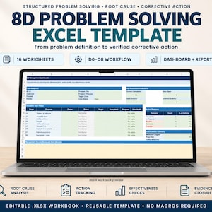 May include: A laptop displaying an 8D Problem Solving Excel Template with a D0-D8 workflow, 16 worksheets, and a dashboard. The screen shows a case snapshot, key performance indicators, and a discipline gate status table for root cause analysis.