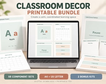 Paquete imprimible de decoración para el aula / Pósteres, calendario, etiquetas, alfabeto, números y rincón de la calma de estilo bohemio neutro para el aula / PDF tamaño A4