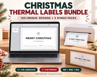 Paquete de etiquetas térmicas navideñas / 100 etiquetas imprimibles de 6x4 pulgadas en blanco y negro para paquetes de regalo, correo de elfos, embalaje para pequeñas empresas