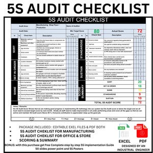 Lista di controllo per l'audit 5S / Lista di controllo per l'audit 5S per la produzione / Lista di controllo 5S per l'ufficio / Lista di controllo 5S Lean / Kit di implementazione 5S e Lean