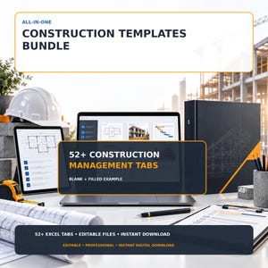 May include: A digital construction templates bundle featuring a laptop displaying construction management tabs, a tablet with architectural blueprints, a white hard hat, a measuring tape, rolled blueprints, and a black binder on a desk.