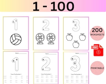 1～100の数字のトレース｜幼稚園・保育園の数字のトレースワークシート｜幼児用ワークブック｜筆記練習｜基本的な数字｜印刷可能