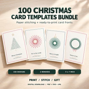 Könnte beinhalten: Ein digitales Paket mit 100 Weihnachtskartenvorlagen für Papierstickerei und druckfertige Designs. Vier Karten im Format 5 x 7 Zoll sind abgebildet, die geometrische Weihnachtsmotive und Texte wie Merry Christmas und Season of joy zeigen.