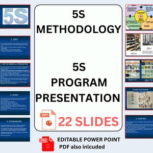 Könnte beinhalten: Eine Präsentation zur 5S-Methodik, mit einem weißen Hintergrund und dem Titel "5S METHODOLOGY" in großem schwarzen Text. Die Präsentation umfasst 22 Folien, mit einer PDF-Option. Das Bild enthält auch Diagramme und Beispiele.