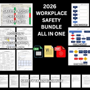 May include: A 2026 workplace safety bundle featuring a safety audit checklist, accident reporting and investigation templates, flow charts, and safety toolbox talk documents. Includes icons for XLS, Word, and PDF file formats on a black background.