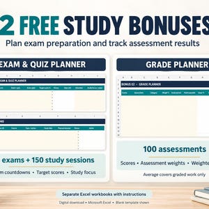 Op de afbeelding: Een digitale studieplanner-sjabloon met een examen- en quizplanner en een cijferplanner. De tekst luidt 2 FREE STUDY BONUSES, 100 exams + 150 study sessions en 100 assessments, inclusief kolommen voor cursusdetails en behaalde resultaten.