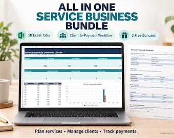Paquete de servicios empresariales: Libro de trabajo de Excel / CRM de clientes, presupuestos, trabajos, programación, facturas, panel de control + plantillas de Word, PDF y PowerPoint