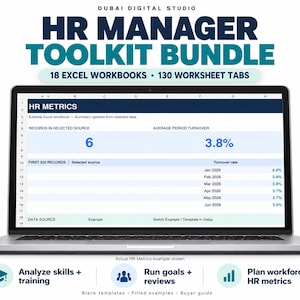 Könnte beinhalten: Ein Laptop-Bildschirm zeigt ein HR-Manager-Toolkit-Bundle mit 18 Excel-Arbeitsmappen und 130 Tabellenblättern. Der Bildschirm zeigt ein HR-Metriken-Dashboard mit Datentabellen, Fluktuationsraten sowie Spalten für Datensätze und Durchschnittswerte.