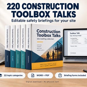 Könnte beinhalten: Eine Sammlung von fünf Büchern mit dem Titel 220 Construction Toolbox Talks mit bearbeitbaren Sicherheitsunterweisungen. Das Set enthält einen Laptop mit einem Sicherheitsformular, einen weißen Schutzhelm und ein Notizbuch.