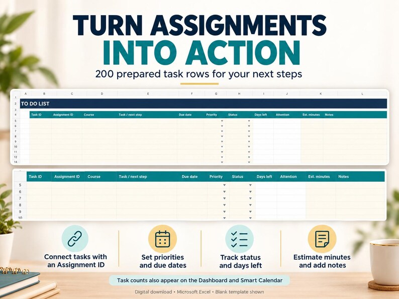 Op de afbeelding: Een digitaal spreadsheet-sjabloon voor taakbeheer met de tekst TURN ASSIGNMENTS INTO ACTION en 200 voorbereide taakrijen. Kolommen bevatten Task ID, Assignment ID, Course, Task/next step, Due date, Priority, Status, Days left, Attention, Est. minutes en Notes.