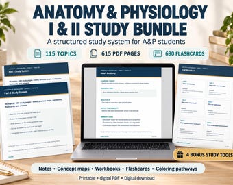 Paquete de estudio de Anatomía y Fisiología I y II / Más de 500 páginas de apuntes para la escuela de enfermería, tarjetas didácticas, hojas de ejercicios y archivos PDF para colorear