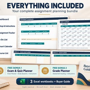 Op de afbeelding: Een digitaal pakket voor het plannen van opdrachten voor Microsoft Excel met een dashboard, slimme kalender, examen- en quizplanner en cijferplanner. De set bevat drie Excel-werkmappen en een kopersgids met een blauwe en gouden omslag.