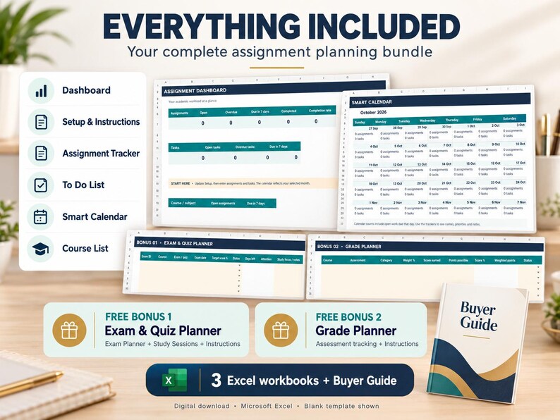 Op de afbeelding: Een digitaal pakket voor het plannen van opdrachten voor Microsoft Excel met een dashboard, slimme kalender, examen- en quizplanner en cijferplanner. De set bevat drie Excel-werkmappen en een kopersgids met een blauwe en gouden omslag.