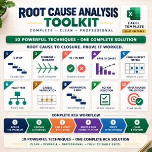 May include: A Root Cause Analysis Toolkit Excel template featuring ten distinct problem-solving techniques, including 5 Why, Fishbone, Pareto Chart, and Fault Tree. The layout includes a complete RCA workflow and is labeled as fully editable.