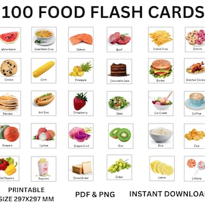 Op de afbeelding: Een afdrukbare flashcardset met 100 voedselillustraties, waaronder watermeloen, maïs, een hotdog en een aardbei. De kaarten zijn gelabeld met de namen van de voedingsmiddelen. De tekst "100 FOOD FLASH CARDS" staat bovenaan.