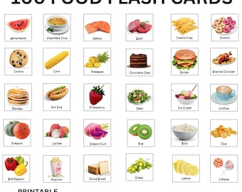100 Food Flash Cards|Pre-School Flashcards| Fruit and Vegetables Flashcards| Snacks Sweet Educational Printable| Toddler Real foods cards|