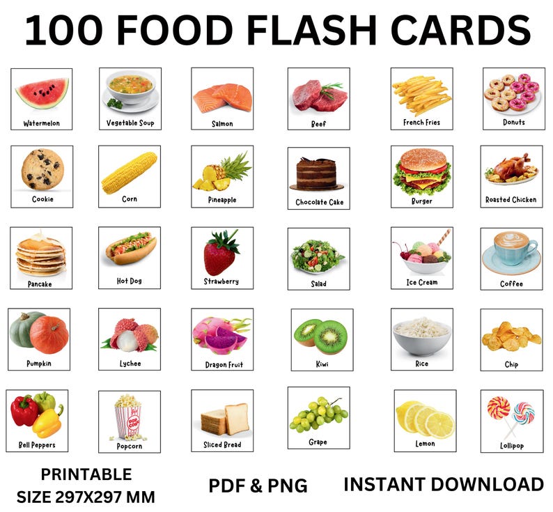 100 Food Flash Cards|pre-school Flashcards| Fruit and Vegetables ...