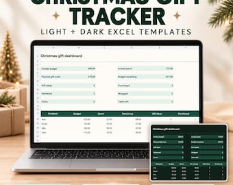 Hoja de cálculo para el seguimiento de regalos de Navidad / Planificador de presupuesto navideño, lista de regalos y lista de compras / Plantillas de Excel claras y oscuras