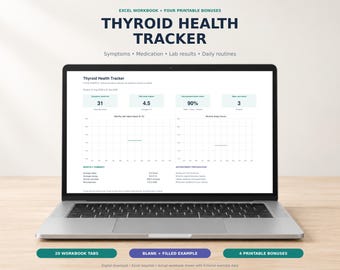 Libro de trabajo de Excel para el seguimiento de la salud tiroidea / Síntomas, análisis de laboratorio, medicación, panel de control, preparación de citas, diario de síntomas, registro de medicación,