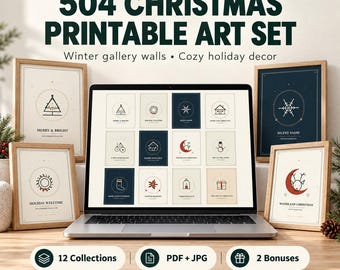 Paquete de 504 láminas navideñas imprimibles para pared, conjunto de galería de invierno, decoración navideña, 5 tamaños de PDF + JPG de 300 ppp