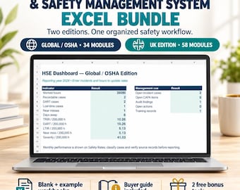 Paquete de Excel para el panel de control de seguridad, salud y medio ambiente (HSE) y el sistema de gestión de seguridad / 34 módulos OSHA globales + 58 módulos del Reino Unido / ISO 45001, Riddor, CDM, seguimiento de KPI de seguridad
