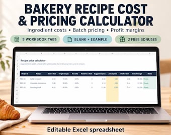 Calculadora de costos de recetas de panadería en Excel, hoja de cálculo de precios de alimentos, seguimiento de costos de ingredientes y ganancias.