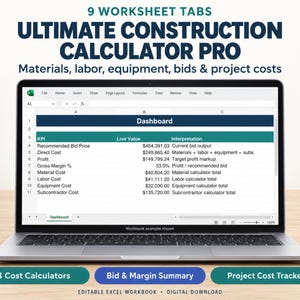 May include: A laptop screen displaying the Ultimate Construction Calculator Pro Excel workbook with 9 worksheet tabs. The dashboard shows KPI data including recommended bid price, direct costs, profit, and margins for construction projects.