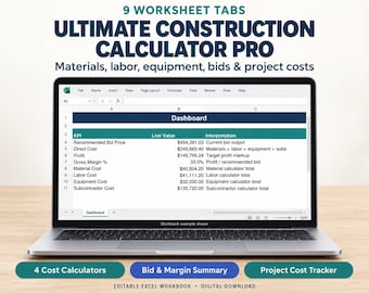 Plantilla de Excel Ultimate Construction Calculator Pro / Libro de trabajo para estimación de costos de proyectos y precios de licitación