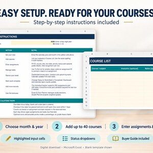 Op de afbeelding: Een digitale cursusplanner-sjabloon voor Microsoft Excel met een tabblad voor instellingen en instructies en een tabblad voor de cursuslijst. De interface bevat donkerblauwe koppen, teal accentrijen en lichtgele invoercellen voor gegevensinvoer.
