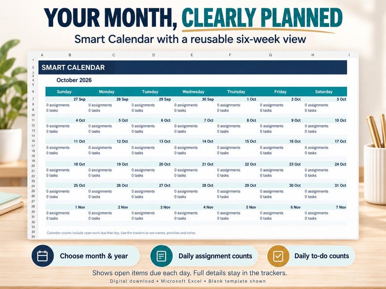 Op de afbeelding: Een digitale slimme kalendersjabloon voor Microsoft Excel met een overzicht van zes weken voor oktober 2026. De lay-out bevat kolommen voor dagen van de week, rijen voor datums en tijdelijke aanduidingen voor taken. Tekst: YOUR MONTH, CLEARLY PLANNED.