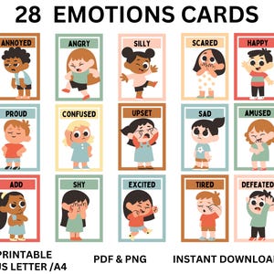 Puede incluir: Un conjunto de 28 tarjetas de emociones con ilustraciones de dibujos animados de niños que expresan diversos sentimientos como feliz, triste y enfadado. Las tarjetas están etiquetadas con palabras de emoción y están disponibles como descarga imprimible en PDF y PNG.