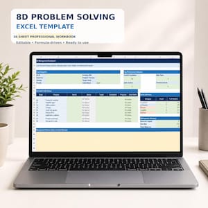 Puede incluir: Una pantalla de portátil que muestra una plantilla de Excel de resolución de problemas 8D con un libro de trabajo profesional de 16 hojas. La interfaz presenta un panel azul y blanco con secciones para resúmenes de casos y estados.