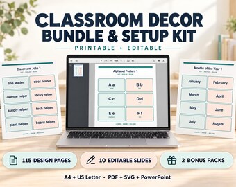 Paquete de decoración y kit de montaje para el aula / Etiquetas imprimibles editables, calendario, alfabeto, reglas, tablón de anuncios y formularios para el profesor, descarga digital
