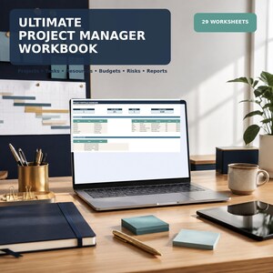May include: A digital project manager workbook displayed on a laptop screen, featuring 29 worksheets for projects, tasks, resources, budgets, risks, and reports. The screen shows a project portfolio dashboard with tables and data metrics in a professional office.