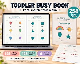 Libro de actividades para niños pequeños imprimible, 254 páginas, carpeta de aprendizaje preescolar, actividades de emparejamiento y trazado, PDF en formato A4 y carta + 2 bonificaciones