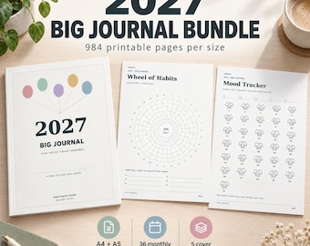 Paquete de agendas imprimibles 2027, 984 páginas en formato A4 y A5, 36 temas mensuales, registro de hábitos y estado de ánimo, planificador de lectura y vida en PDF, planificador digital.