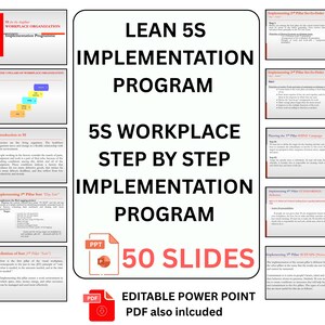 Może przedstawiać: Biały slajd prezentacji z tytułem "LEAN 5S IMPLEMENTATION PROGRAM". Slajd zawiera tekst "5S WORKPLACE STEP BY STEP IMPLEMENTATION PROGRAM" i "50 SLIDES". Widoczna jest również ikona PDF i ikona PPT.