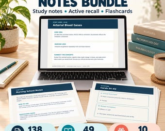 Paquete de apuntes en PDF para la escuela de enfermería / 49 temas de estudio, tarjetas didácticas y 10 materiales imprimibles adicionales / Anatomía, farmacología, juicio clínico